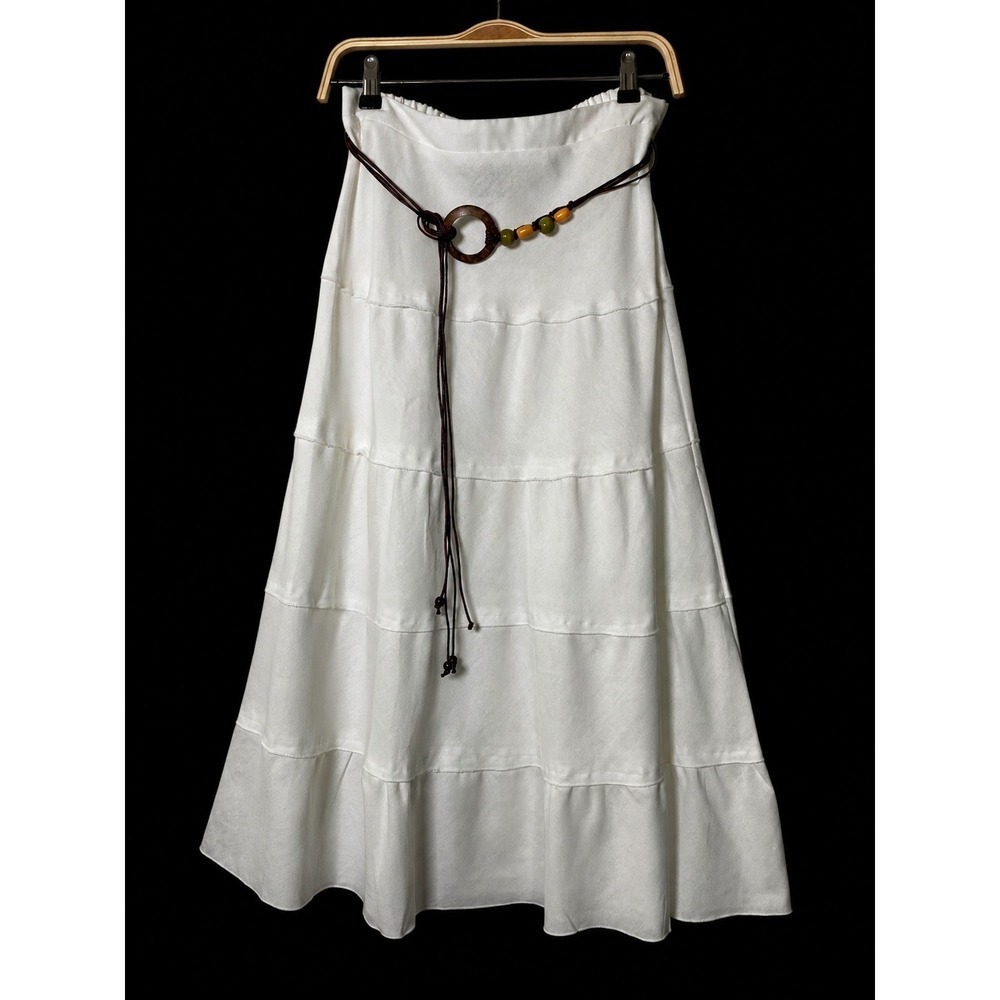 Boho Linen Blend Tiered Maxi Skirt Women S Cream Hippie‎ Beaded Belt Coastal NWT